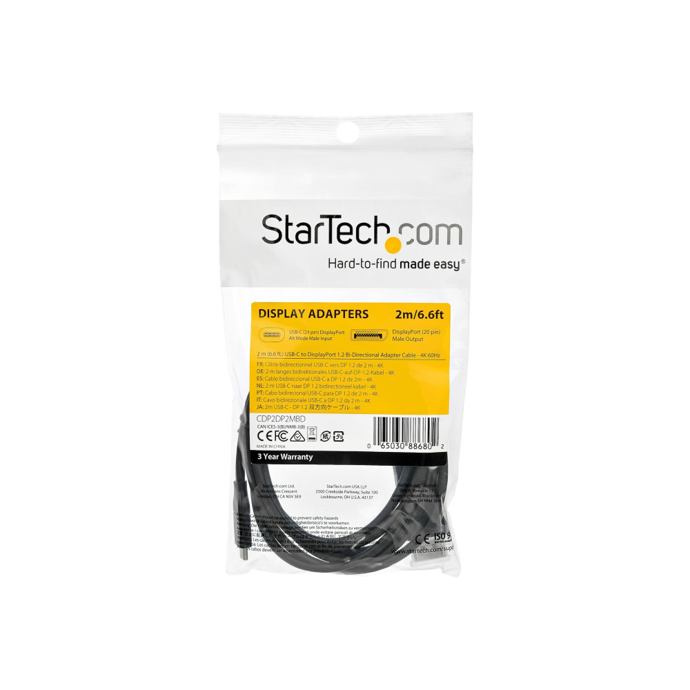 Produktbild för StarTech USB C till DisplayPort 1.2-kabel på 2 m för 4K vid 60 Hz ‒ dubbelriktad vändbar videokabeladapter för DP till USB-C eller USB-C till DP ‒ HBR2/HDR ‒ USB Type C/TB3-skärmkabel - DisplayPort-kabel - USB-C till DisplayPort - 2 m
