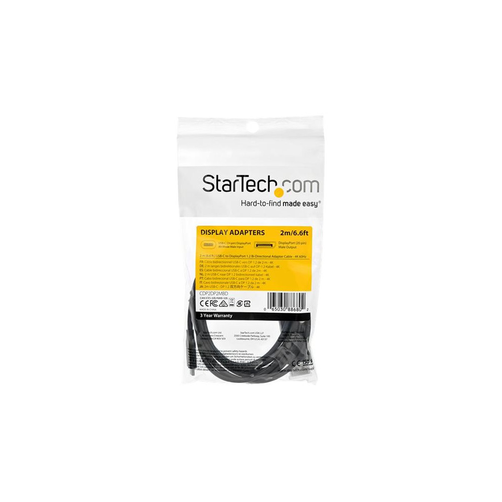 Produktbild för StarTech USB C till DisplayPort 1.2-kabel på 2 m för 4K vid 60 Hz ‒ dubbelriktad vändbar videokabeladapter för DP till USB-C eller USB-C till DP ‒ HBR2/HDR ‒ USB Type C/TB3-skärmkabel - DisplayPort-kabel - USB-C till DisplayPort - 2 m
