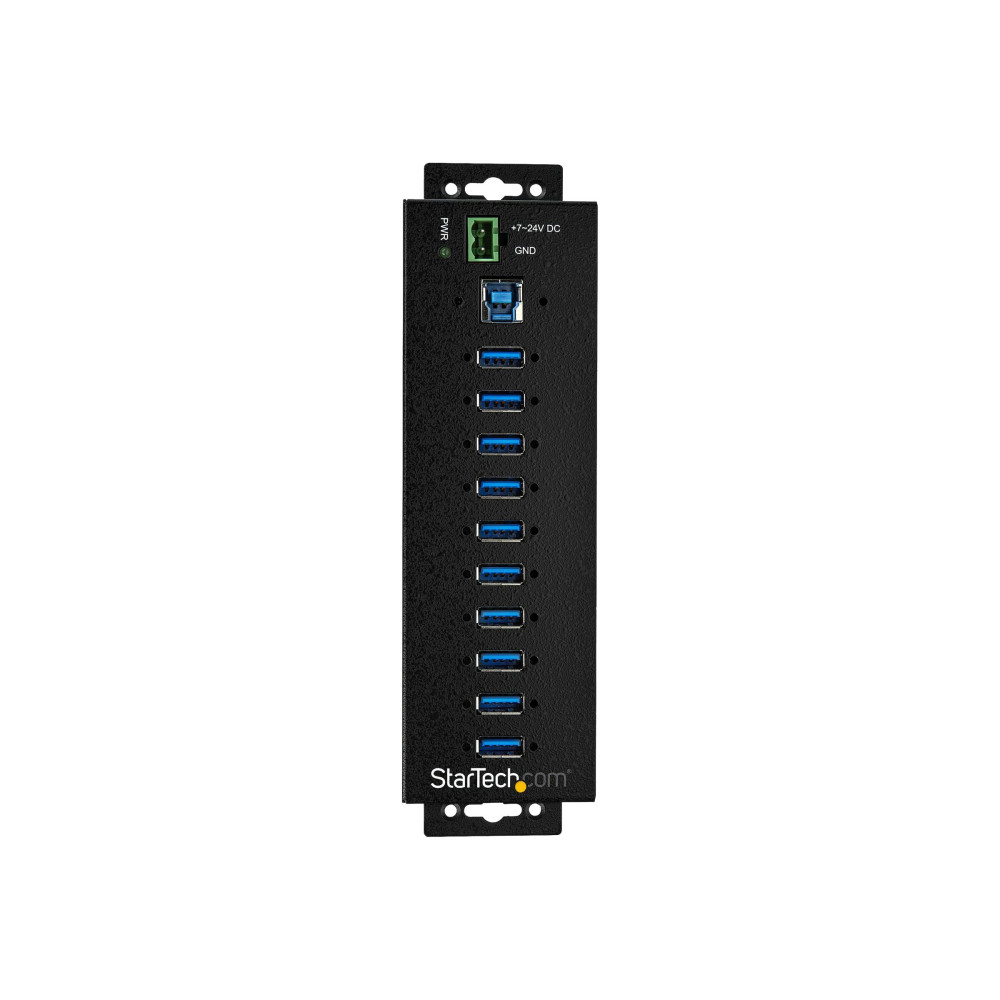 Produktbild för StarTech.com USB 3.0-hubb med 10 portar och nätadapter - Industriell USB-A-hubb i metall med ESD- och 350 W överspänningsskydd - Monterbar på DIN-skena/vägg/skrivbord - Höghastighets USB 3.1 Gen 1 5 Gbps-hubb - hubb - 10 portar - TAA-kompatibel