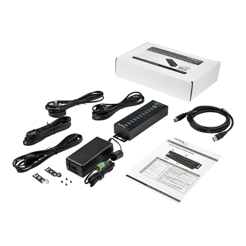 Produktbild för StarTech.com USB 3.0-hubb med 10 portar och nätadapter - Industriell USB-A-hubb i metall med ESD- och 350 W överspänningsskydd - Monterbar på DIN-skena/vägg/skrivbord - Höghastighets USB 3.1 Gen 1 5 Gbps-hubb - hubb - 10 portar - TAA-kompatibel
