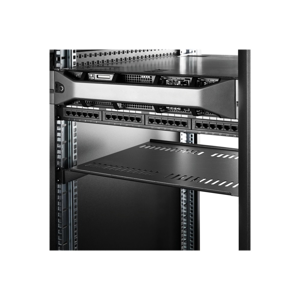 Produktbild för Startech 1U serverrackhylla - Universell ventilerad fribärande serverhylla med rackfäste för 19-tums nätverksutrustning i rack och skåp - Kraftigt stål - Viktkapacitet 20 kg - 41 cm djup hylla, svart - hylla för rack - 1U