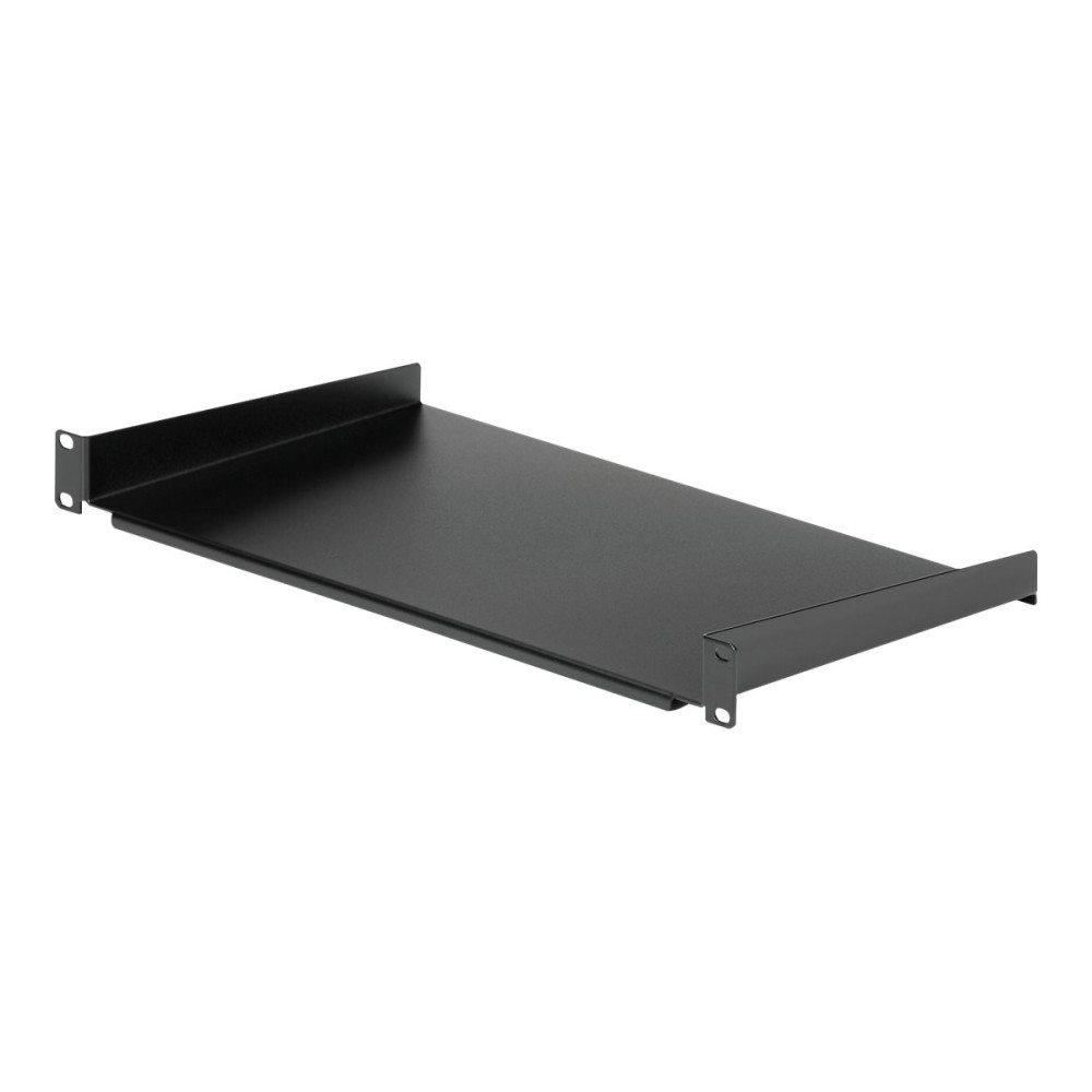 Produktbild för StarTech.com 1U Fast serverhylla med rackfäste - 25 cm djupt universellt, fribärande fack i stål för 19-tums AV/nätverksutrustningsrack och skåp - Kraftigt stål - Viktkapacitet 20 kg, svart - hylla för rack - 1U