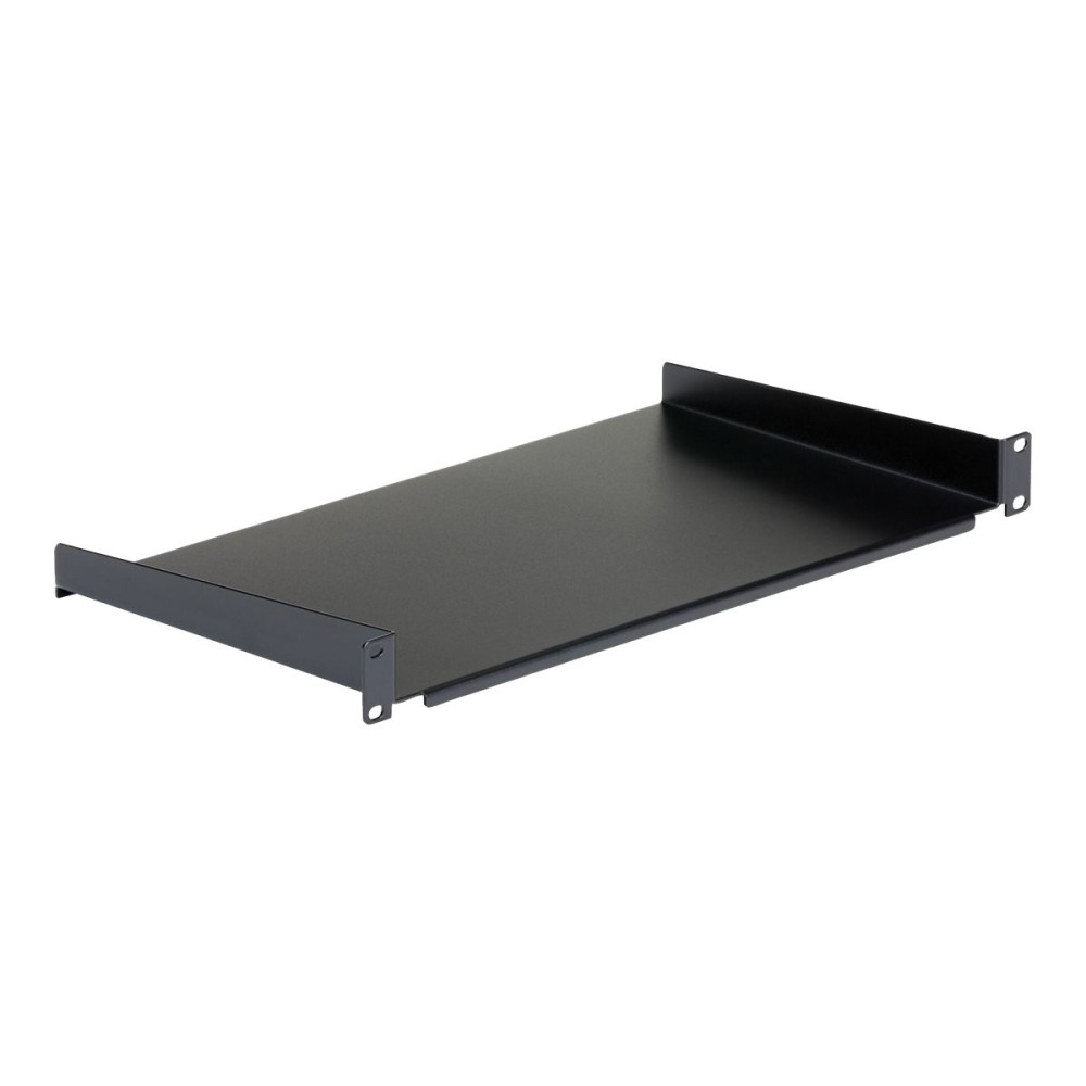 Produktbild för StarTech.com 1U Fast serverhylla med rackfäste - 25 cm djupt universellt, fribärande fack i stål för 19-tums AV/nätverksutrustningsrack och skåp - Kraftigt stål - Viktkapacitet 20 kg, svart - hylla för rack - 1U