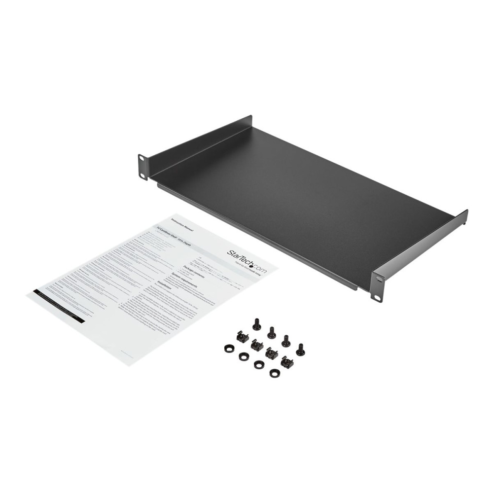Produktbild för StarTech.com 1U Fast serverhylla med rackfäste - 25 cm djupt universellt, fribärande fack i stål för 19-tums AV/nätverksutrustningsrack och skåp - Kraftigt stål - Viktkapacitet 20 kg, svart - hylla för rack - 1U