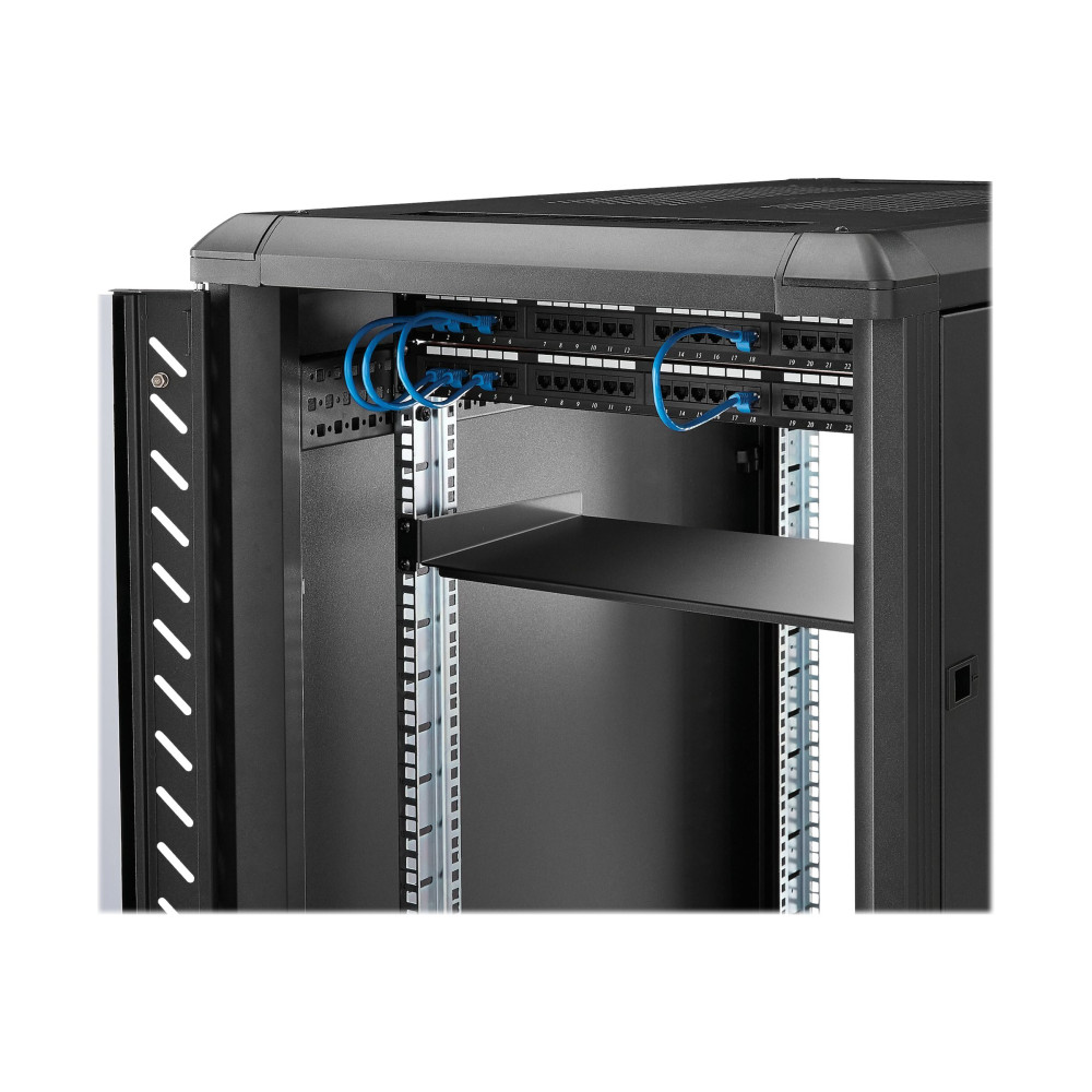 Produktbild för StarTech.com 1U Fast serverhylla med rackfäste - 25 cm djupt universellt, fribärande fack i stål för 19-tums AV/nätverksutrustningsrack och skåp - Kraftigt stål - Viktkapacitet 20 kg, svart - hylla för rack - 1U
