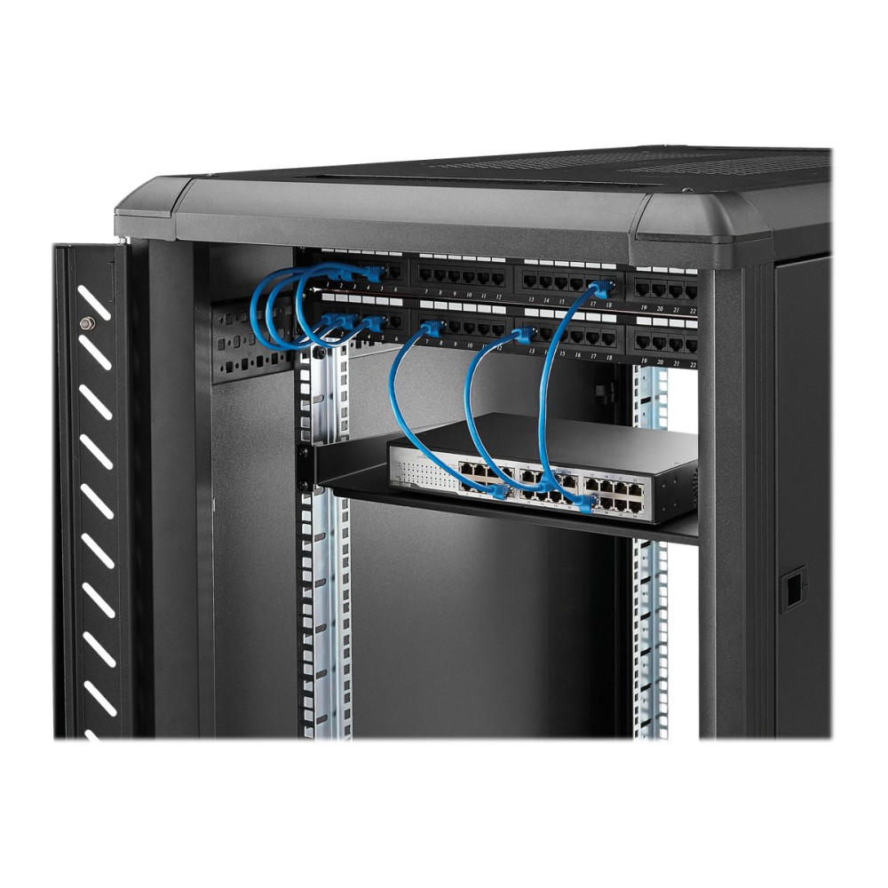 Produktbild för StarTech.com 1U Fast serverhylla med rackfäste - 25 cm djupt universellt, fribärande fack i stål för 19-tums AV/nätverksutrustningsrack och skåp - Kraftigt stål - Viktkapacitet 20 kg, svart - hylla för rack - 1U