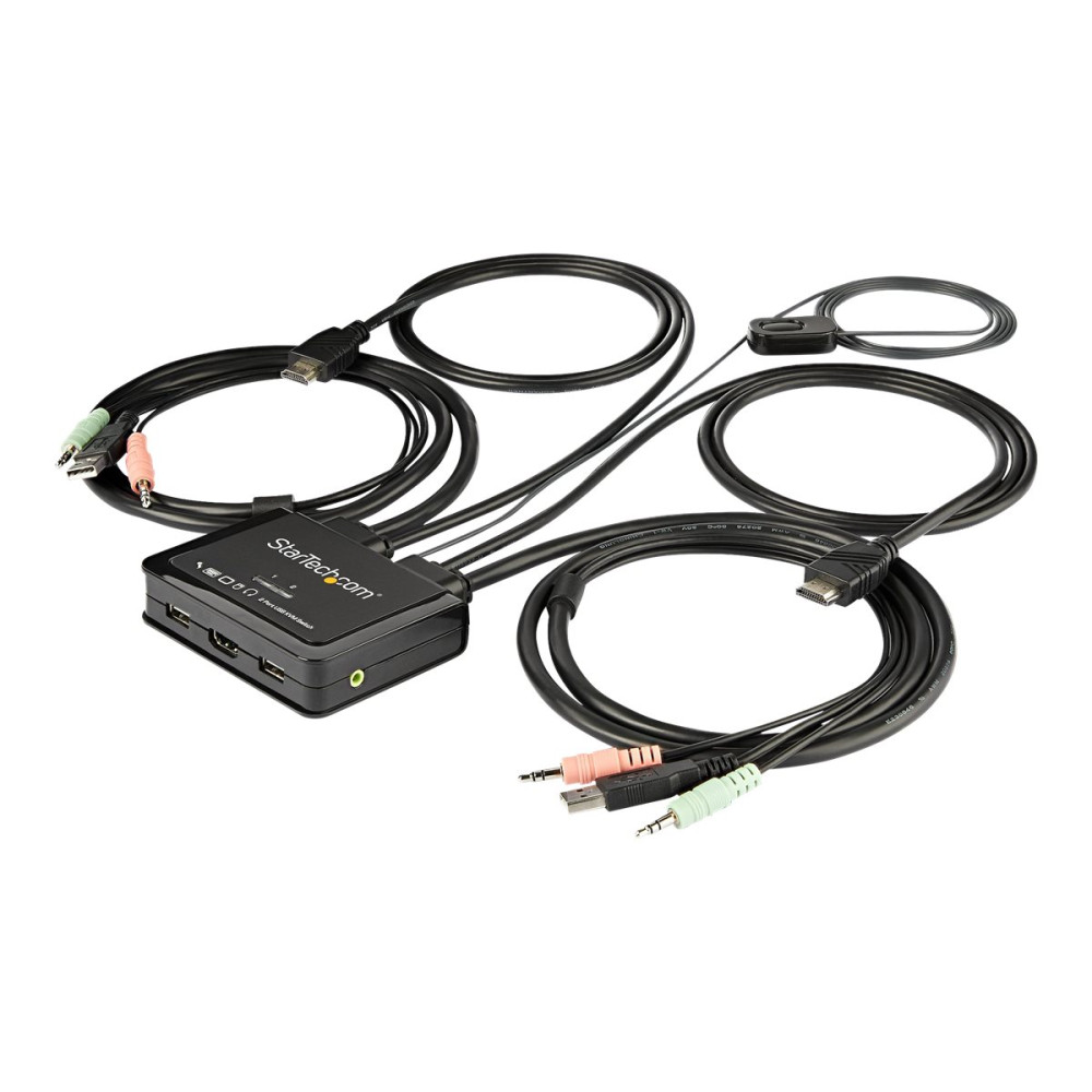 Produktbild för StarTech.com HDMI KVM-switch med 2 portar - 4K 60 Hz - Kompakt UHD/ultra HD USB KVM-switch för stationära datorer med dubbelport och inbyggda 1,2 m kablar samt audio - Bussdriven och fjärrswitchad - MacBook ThinkPad - omkopplare för tangentbord/video/mus/