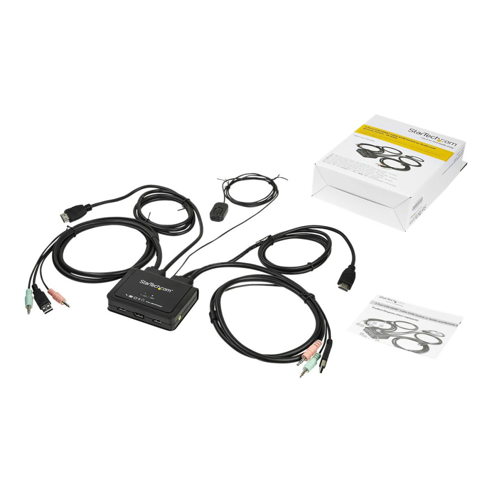 Produktbild för StarTech.com HDMI KVM-switch med 2 portar - 4K 60 Hz - Kompakt UHD/ultra HD USB KVM-switch för stationära datorer med dubbelport och inbyggda 1,2 m kablar samt audio - Bussdriven och fjärrswitchad - MacBook ThinkPad - omkopplare för tangentbord/video/mus/