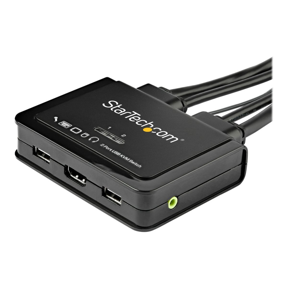 Produktbild för StarTech.com HDMI KVM-switch med 2 portar - 4K 60 Hz - Kompakt UHD/ultra HD USB KVM-switch för stationära datorer med dubbelport och inbyggda 1,2 m kablar samt audio - Bussdriven och fjärrswitchad - MacBook ThinkPad - omkopplare för tangentbord/video/mus/