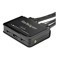 Produktbild för StarTech.com HDMI KVM-switch med 2 portar - 4K 60 Hz - Kompakt UHD/ultra HD USB KVM-switch för stationära datorer med dubbelport och inbyggda 1,2 m kablar samt audio - Bussdriven och fjärrswitchad - MacBook ThinkPad - omkopplare för tangentbord/video/mus/