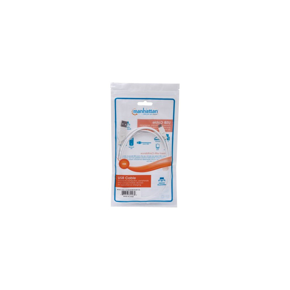Produktbild för Manhattan USB-A to Micro-USB Cable, 1.8m, Male to Male, 480 Mbps (USB 2.0), Hi-Speed USB, White, Lifetime Warranty, Polybag - USB-kabel - USB till mikro-USB typ B - 1.8 m