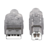 Produktbild för Manhattan USB-A to USB-B Cable, 1.8m, Male to Male, Translucent Silver, 480 Mbps (USB 2.0), Hi-Speed USB, Lifetime Warranty, Polybag - USB-kabel - USB till USB typ B - 1.8 m