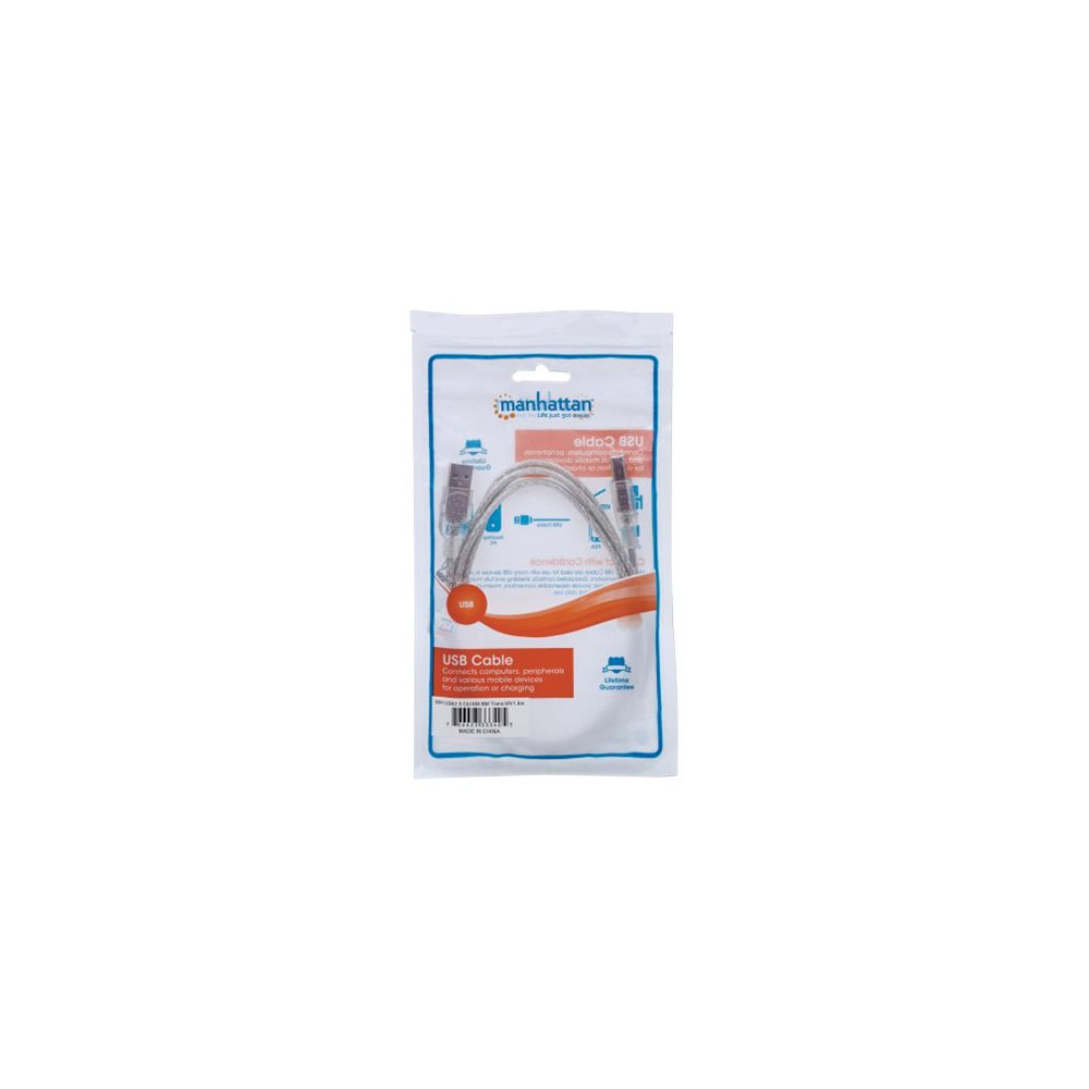 Produktbild för Manhattan USB-A to USB-B Cable, 1.8m, Male to Male, Translucent Silver, 480 Mbps (USB 2.0), Hi-Speed USB, Lifetime Warranty, Polybag - USB-kabel - USB till USB typ B - 1.8 m