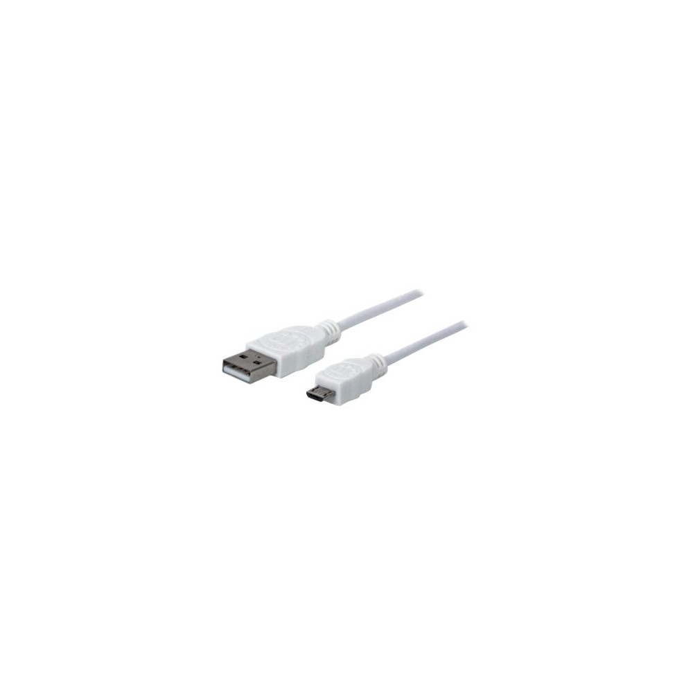 Produktbild för Manhattan USB-A to Micro-USB Cable, 1m, Male to Male, White, 480 Mbps (USB 2.0), Hi-Speed USB, Lifetime Warranty, Polybag - USB-kabel - USB till mikro-USB typ B - 1 m