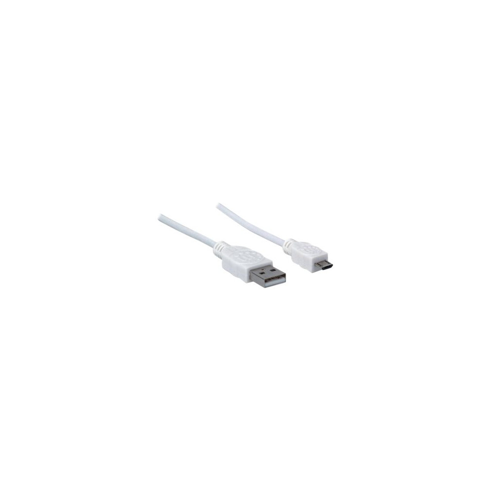 Produktbild för Manhattan USB-A to Micro-USB Cable, 1m, Male to Male, White, 480 Mbps (USB 2.0), Hi-Speed USB, Lifetime Warranty, Polybag - USB-kabel - USB till mikro-USB typ B - 1 m