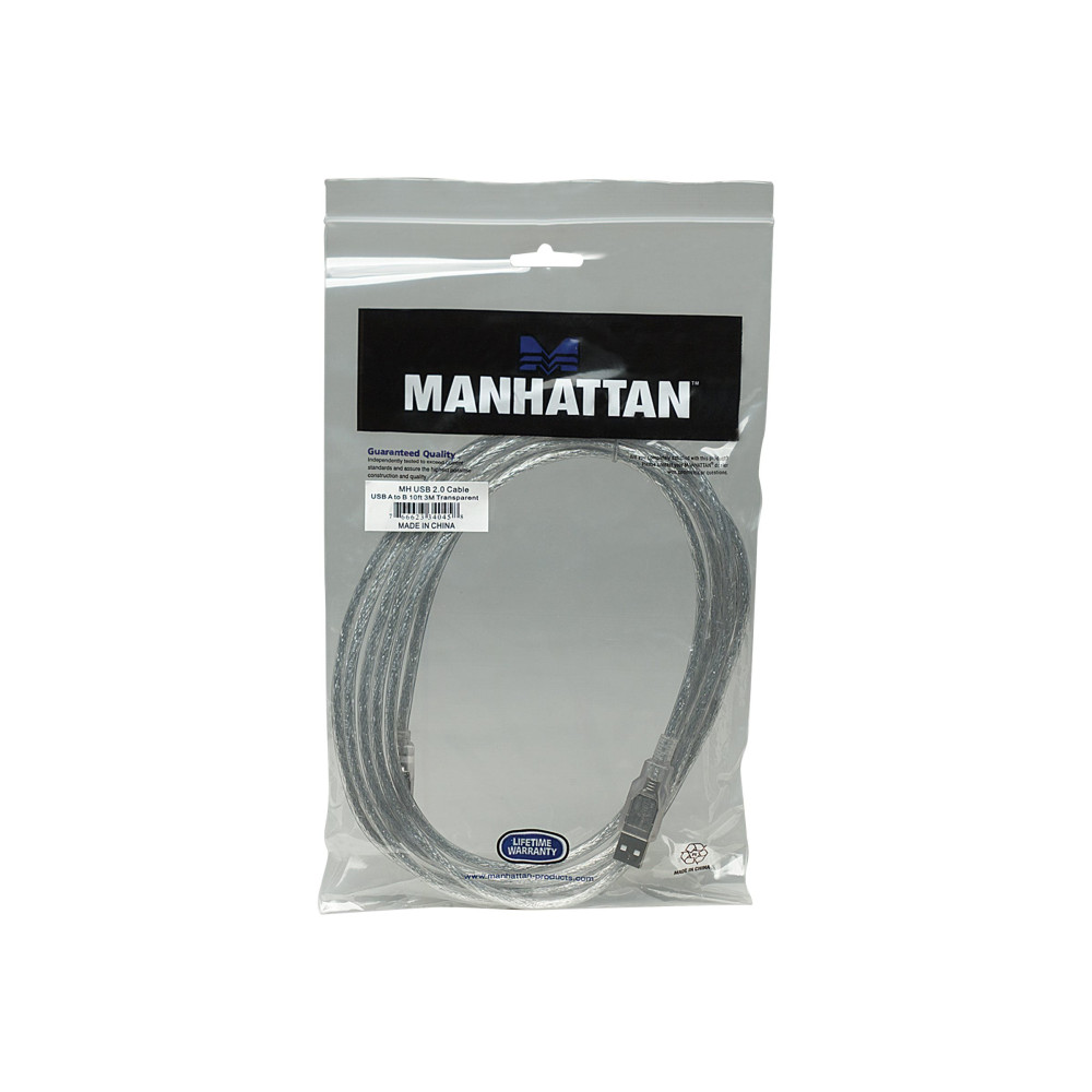 Produktbild för Manhattan USB-A to USB-B Cable, 3m, Male to Male, Translucent Silver, 480 Mbps (USB 2.0), Hi-Speed USB, Lifetime Warranty, Polybag - USB-kabel - USB till USB typ B - 3 m
