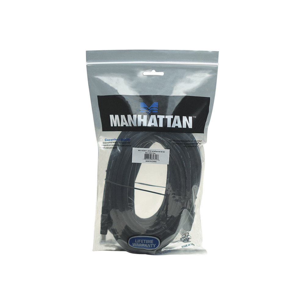 Produktbild för Manhattan HDMI Cable with Ethernet, 1080p@60Hz (High Speed), 10m, Male to Male, Black, Fully Shielded, Gold Plated Contacts, Lifetime Warranty, Polybag - HDMI-kabel med Ethernet - 10 m