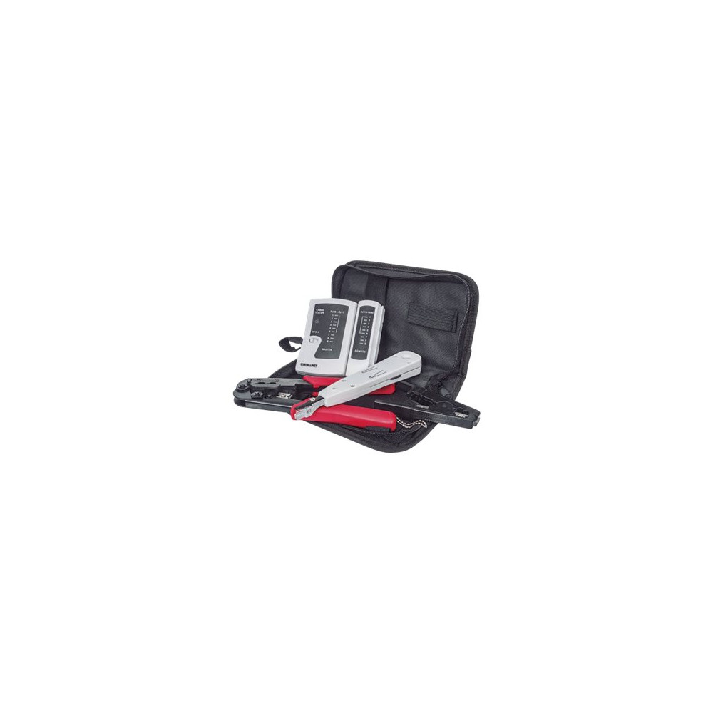 Produktbild för Intellinet 4-Piece Network Tool Kit, 4 Tool Network Kit Composed of LAN Tester, LSA punch down tool, Crimping Tool and Cut and Stripping tool - verktygssats för nätverk
