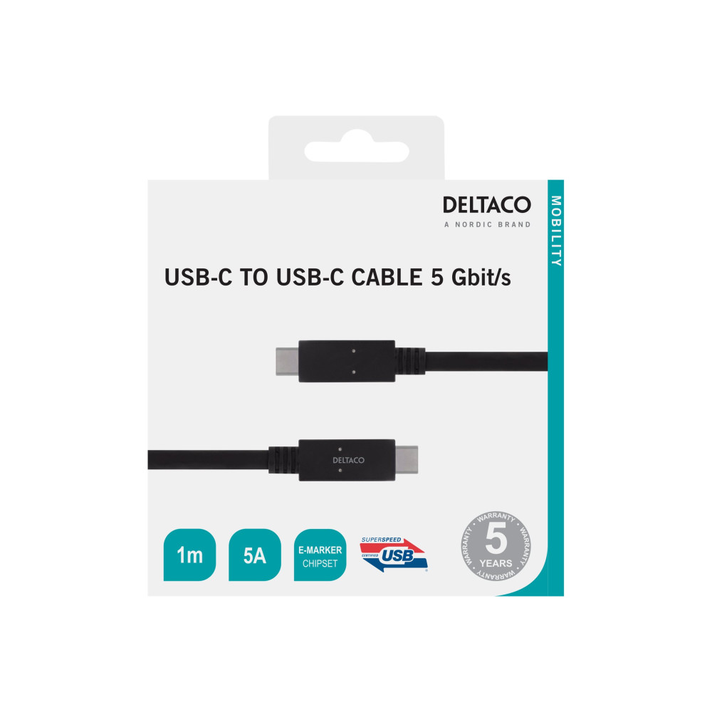 Produktbild för DELTACO USBC-1501M - USB typ C-kabel - 24 pin USB-C till 24 pin USB-C - 1 m