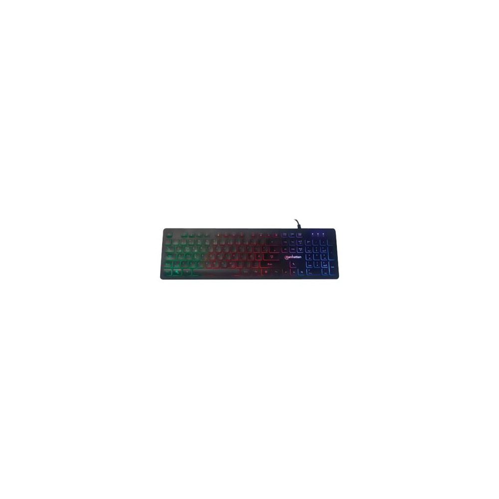 Produktbild för Manhattan Gaming USB Keyboard, Low Force Key Edition, 12 Multimedia Keys, Rainbow-LED Backlighting, USB-A, Black, Retail Box (German layout) - Low-Force Key Edition - tangentbord - svart Inmatningsenhet