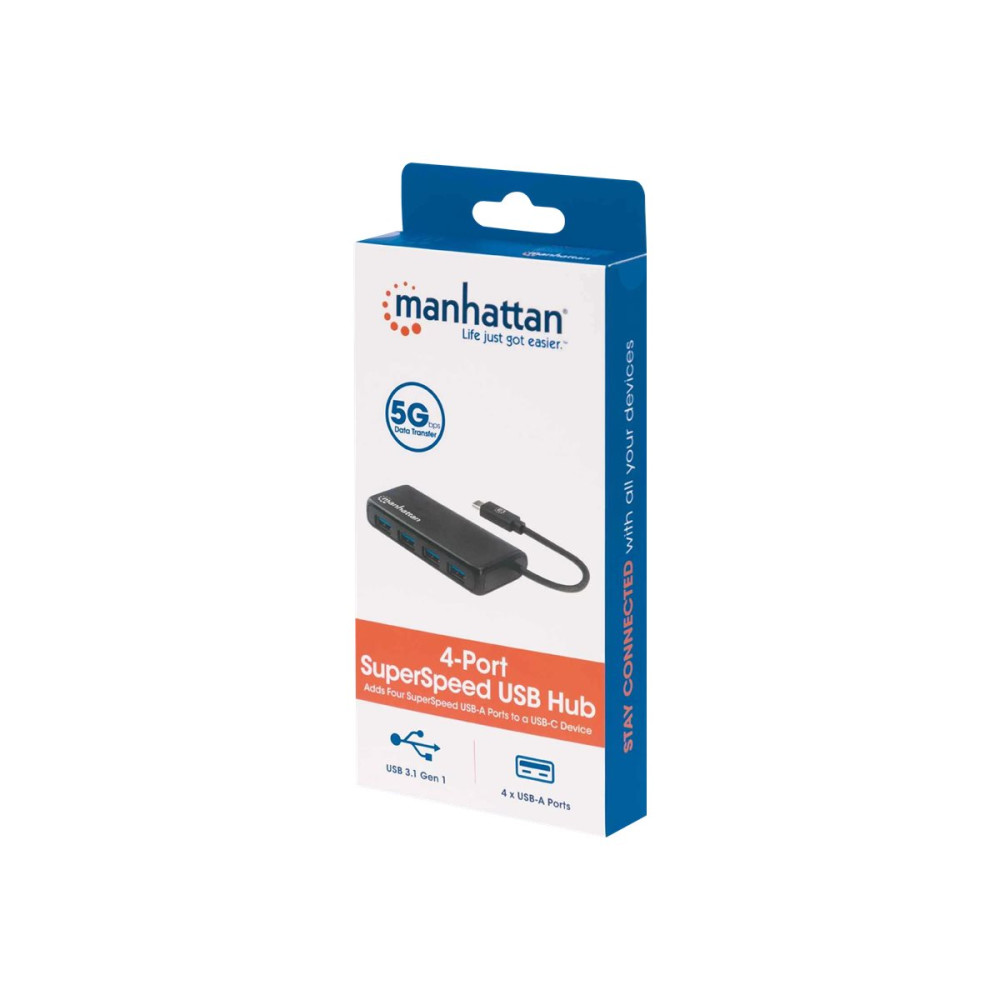 Produktbild för Manhattan USB-C Dock/Hub, Ports (4): USB-A (x4), 5 Gbps (USB 3.2 Gen1 aka USB 3.0), External Power Supply Not Needed, SuperSpeed USB, Black, Three Year Warranty, Retail Box - hubb - 4 portar