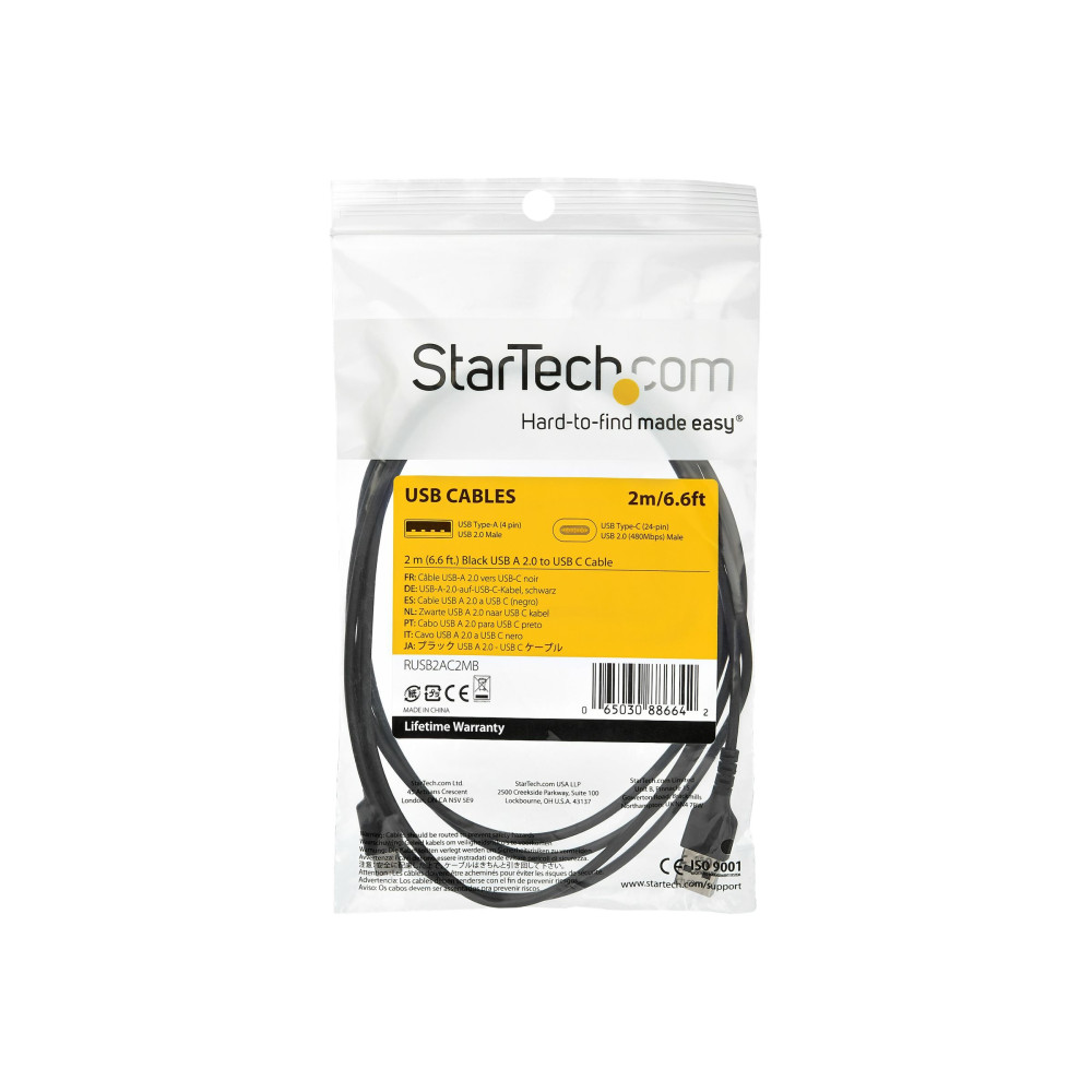 Produktbild för StarTech 2 m USB 2.0 till USB-C-kabel -&nbsp;svart&nbsp; - USB typ C-kabel - USB till USB-C - 2 m