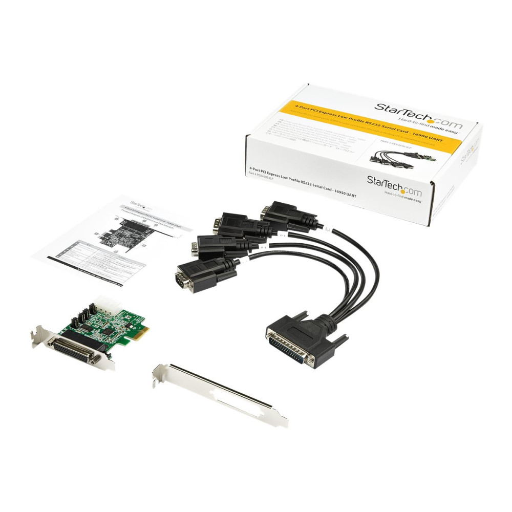 Produktbild för Startech 4-portars PCI Express RS232-seriellt adapterkort - PCIe RS232-seriellt värdstyrenhetskort - PCIe till seriell DB9 - 16950 UART - Expansionskort med låg profil - Windows/Linux - seriell adapter - PCI Express x1 - RS-232 x 4