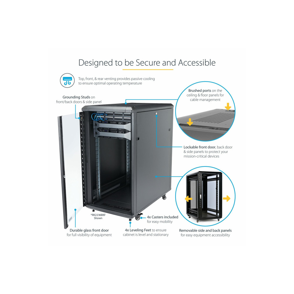 Produktbild för StarTech.com 18U 19" Server Rack Cabinet, 4 Post Adjustable Depth (6-32")Locking Knock Down Network/Computer Equipment Enclosure, Mobile with Glass Door & Casters, HP ProLiant ThinkServer - Data Rack Enclosure (RK1836BKF) - rack - 18U