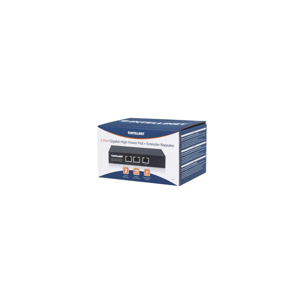 Produktbild för Intellinet 2-Port Gigabit High-Power PoE+ Extender Repeater, IEEE 802.3at/af Power over Ethernet (PoE+/PoE), metal - repeater - 10Mb LAN, 100Mb LAN, 1GbE