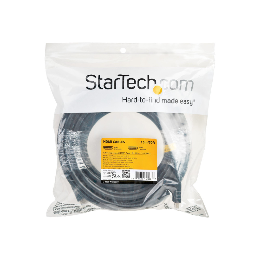 Produktbild för StarTech.com 15 m HDMI 2.0-kabel - 4K 60 Hz aktiv HDMI-kabel - CL2-klassad för vägginstallation - UHD-HDMI-kabel med hög hastighet och lång hållbarhet - HDR, 18 Gbps - Hane-till-hane-sladd - Svart - HDMI-kabel - 15 m
