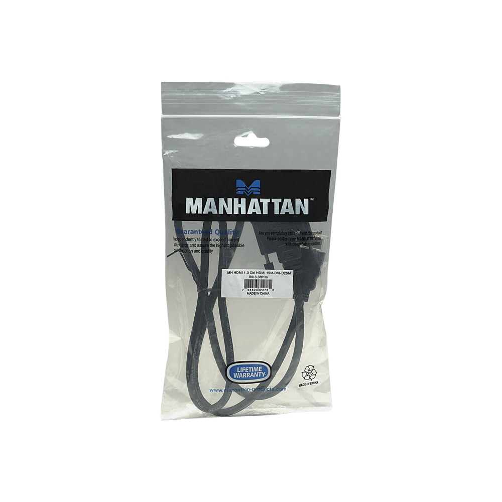Produktbild för Manhattan HDMI to DVI-D 24+1 Cable, 1m, Male to Male, Black, Dual Link, Compatible with DVD-D, Lifetime Warranty, Polybag - adapterkabel - HDMI / DVI - 1 m