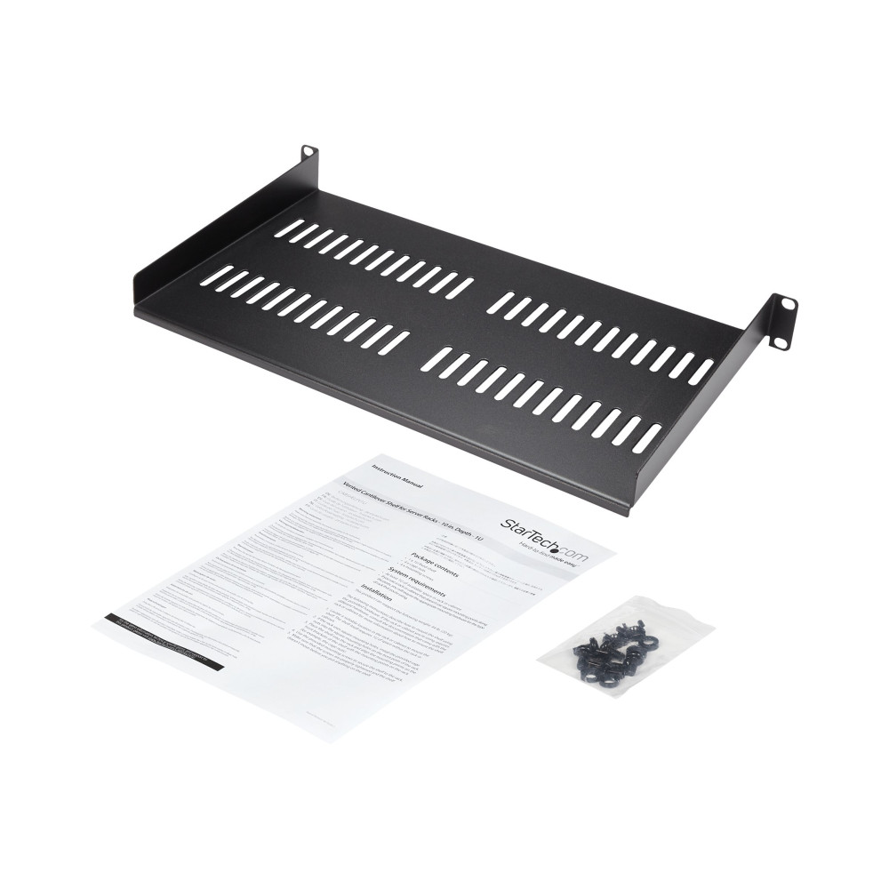 Produktbild för StarTech.com 1U serverrackhylla - Universell ventilerad fribärande serverhylla med rackfäste för 19-tums nätverksutrustning i rack och skåp - Kraftigt stål - Viktkapacitet 23 kg - 25 cm djup hylla, svart - hylla för rack - 1U