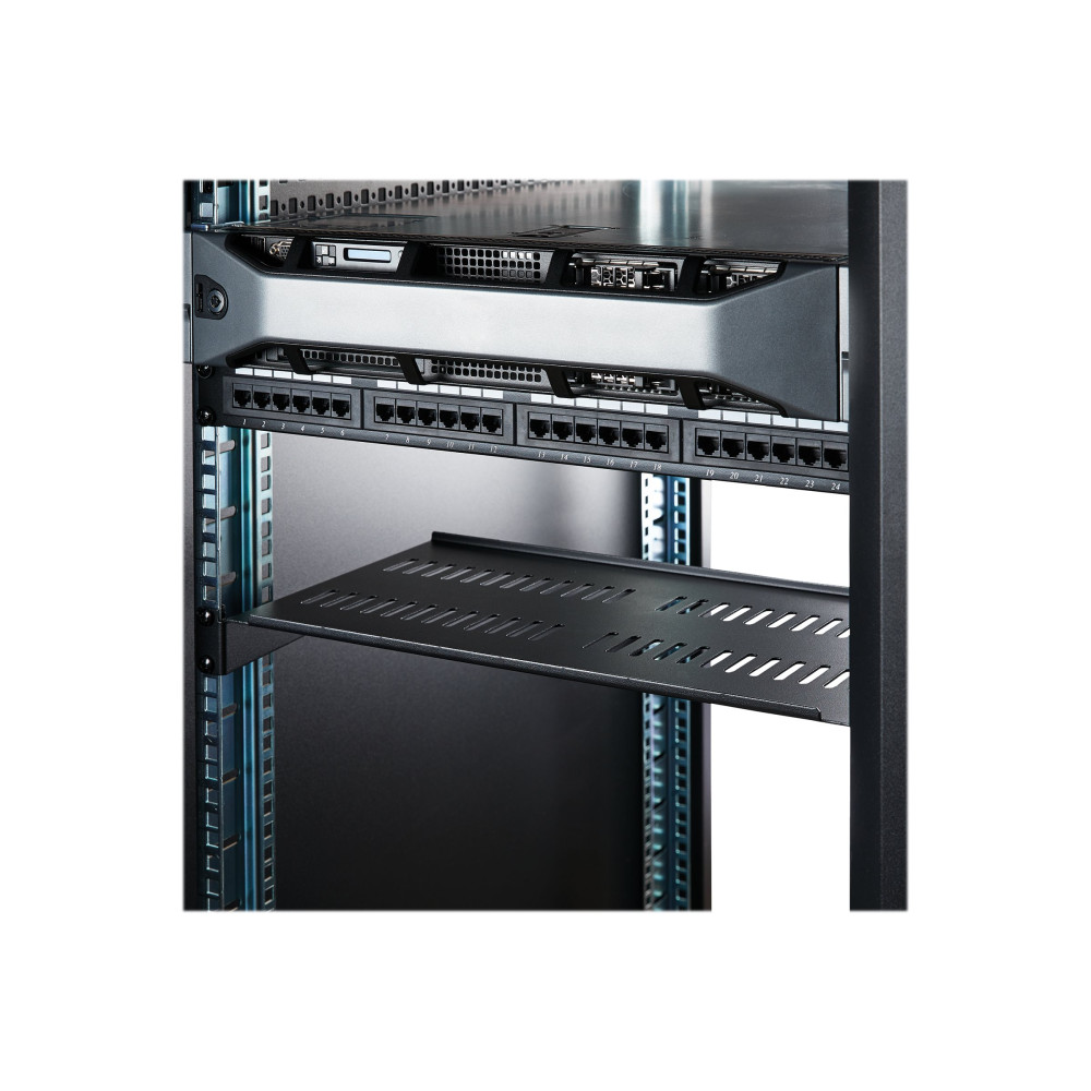 Produktbild för StarTech.com 1U serverrackhylla - Universell ventilerad fribärande serverhylla med rackfäste för 19-tums nätverksutrustning i rack och skåp - Kraftigt stål - Viktkapacitet 23 kg - 25 cm djup hylla, svart - hylla för rack - 1U
