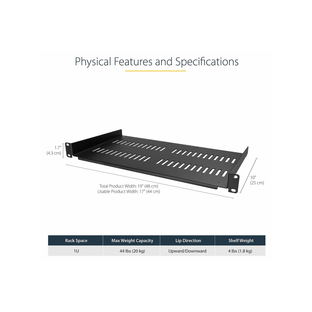 Produktbild för StarTech.com 1U serverrackhylla - Universell ventilerad fribärande serverhylla med rackfäste för 19-tums nätverksutrustning i rack och skåp - Kraftigt stål - Viktkapacitet 23 kg - 25 cm djup hylla, svart - hylla för rack - 1U