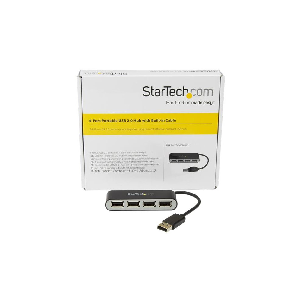Produktbild för Startech Bärbar USB 2.0-hubb med 4 portar och inbyggd kabel - hubb - 4 portar