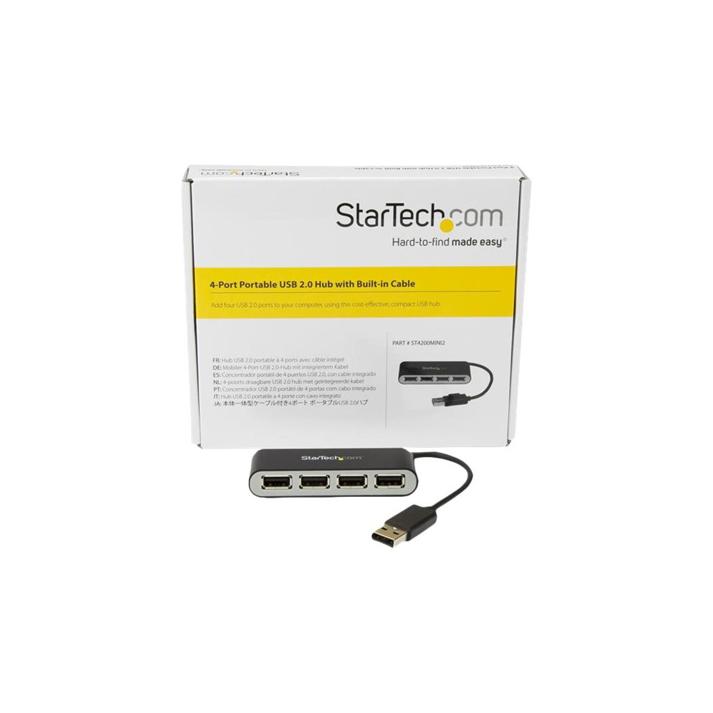 Produktbild för Startech Bärbar USB 2.0-hubb med 4 portar och inbyggd kabel - hubb - 4 portar