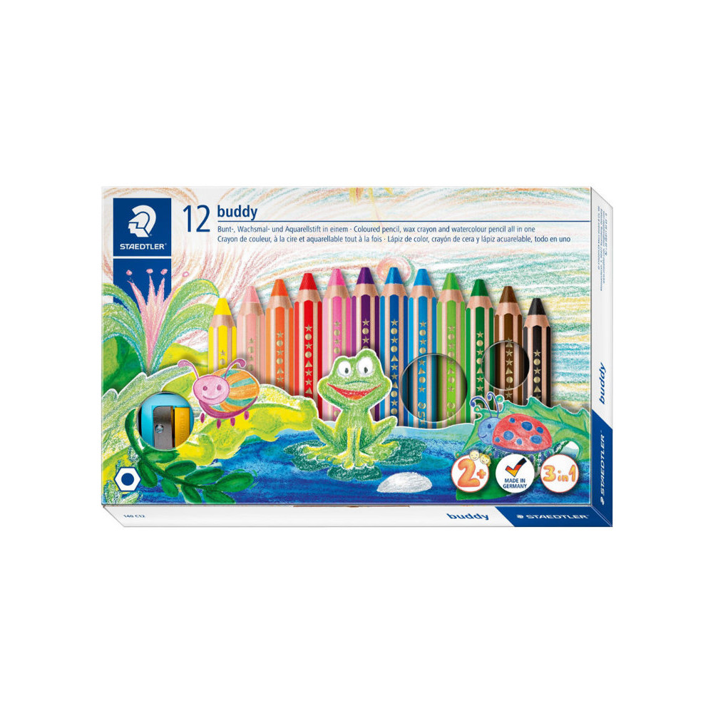 Produktbild för STAEDTLER buddy 3 in 1 - vattenfärgspenna - svart, röd, blå, grön, ljusblå, gul, orange, violett, ljusgrön, magenta, van dyke-brun, hudton (paket om 12)