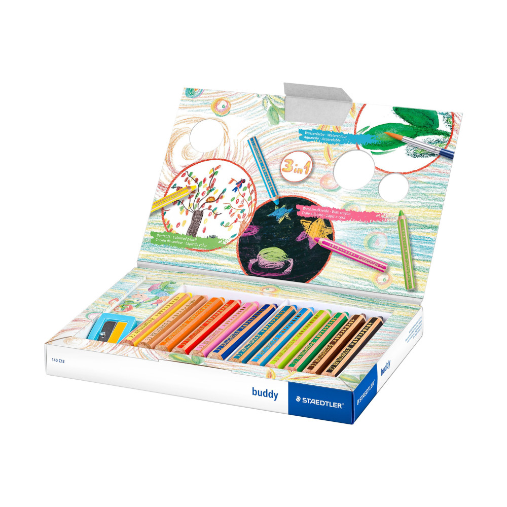 Produktbild för STAEDTLER buddy 3 in 1 - vattenfärgspenna - svart, röd, blå, grön, ljusblå, gul, orange, violett, ljusgrön, magenta, van dyke-brun, hudton (paket om 12)