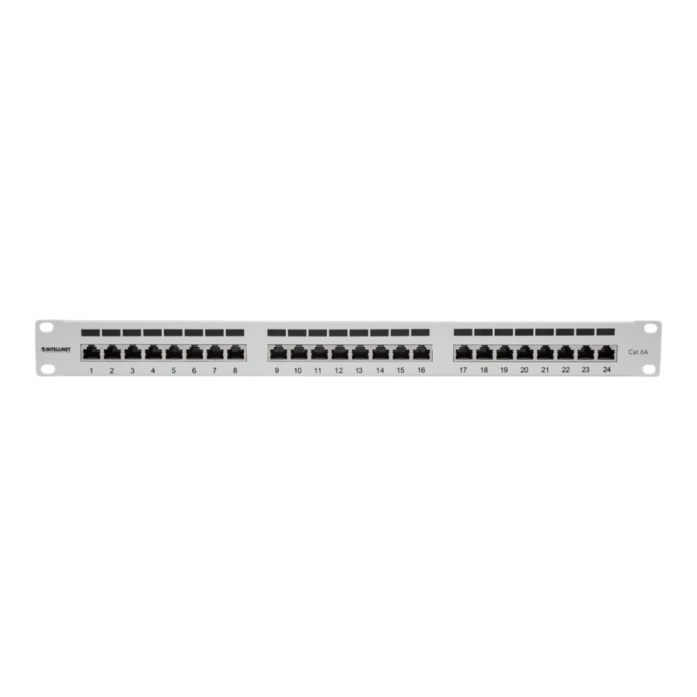Produktbild för Intellinet Patch Panel, Cat6a, FTP, 24-Port, 1U, Shielded, 90° Top-Entry Punch Down Blocks, Grey - patch-panel - 1U - 19"