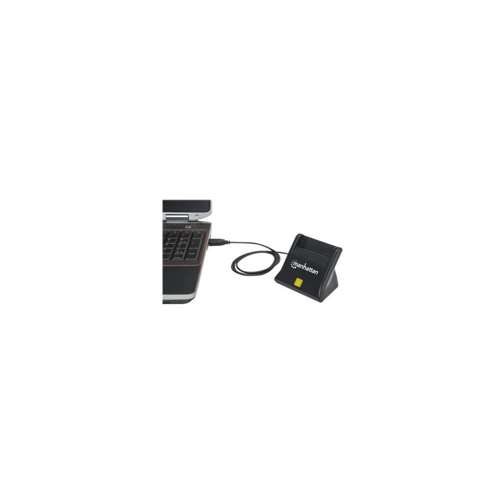 Produktbild för Manhattan USB-A Smart/SIM Card Reader, 480 Mbps (USB 2.0), Desktop Standing, Friction Type compatible, Hi-Speed USB, Cable 86cm, Black, Three Year Warranty, Blister - SMART-kortläsare - USB 2.0