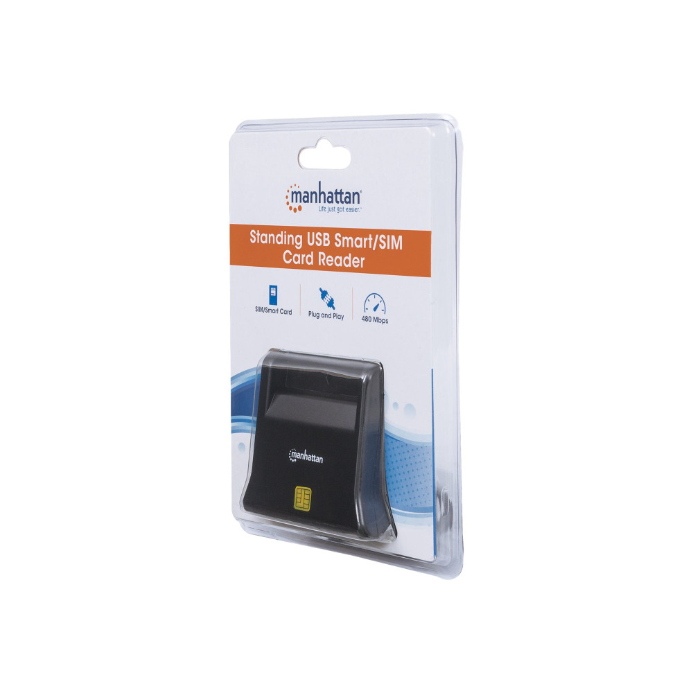 Produktbild för Manhattan USB-A Smart/SIM Card Reader, 480 Mbps (USB 2.0), Desktop Standing, Friction Type compatible, Hi-Speed USB, Cable 86cm, Black, Three Year Warranty, Blister - SMART-kortläsare - USB 2.0
