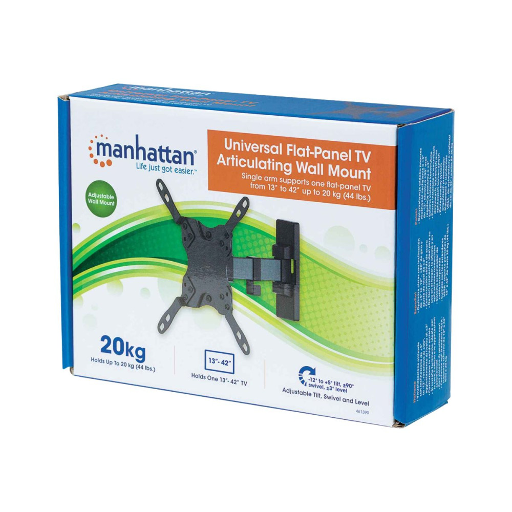 Produktbild för Manhattan TV & Monitor Mount, Wall, Tilt and Swivel, 1 screen, Screen Sizes: 13-42", Black, VESA 75x75 to 200x200mm, Max 20kg, Swivel with 2 pivots, Lifetime Warranty konsol - för LCD-display - svart