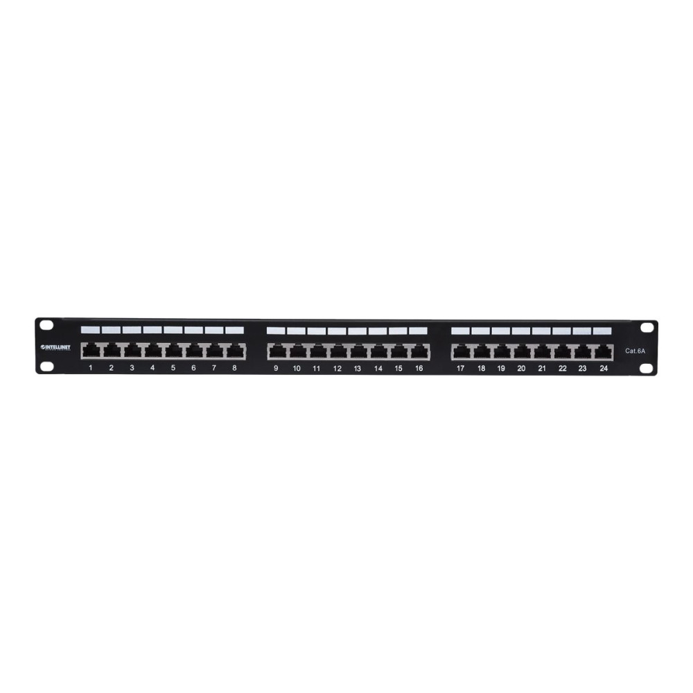 Produktbild för Intellinet Patch Panel, Cat6a, FTP, 24-Port, 1U, Shielded, 90° Top-Entry Punch Down Blocks, Black - patch-panel - 1U - 19"