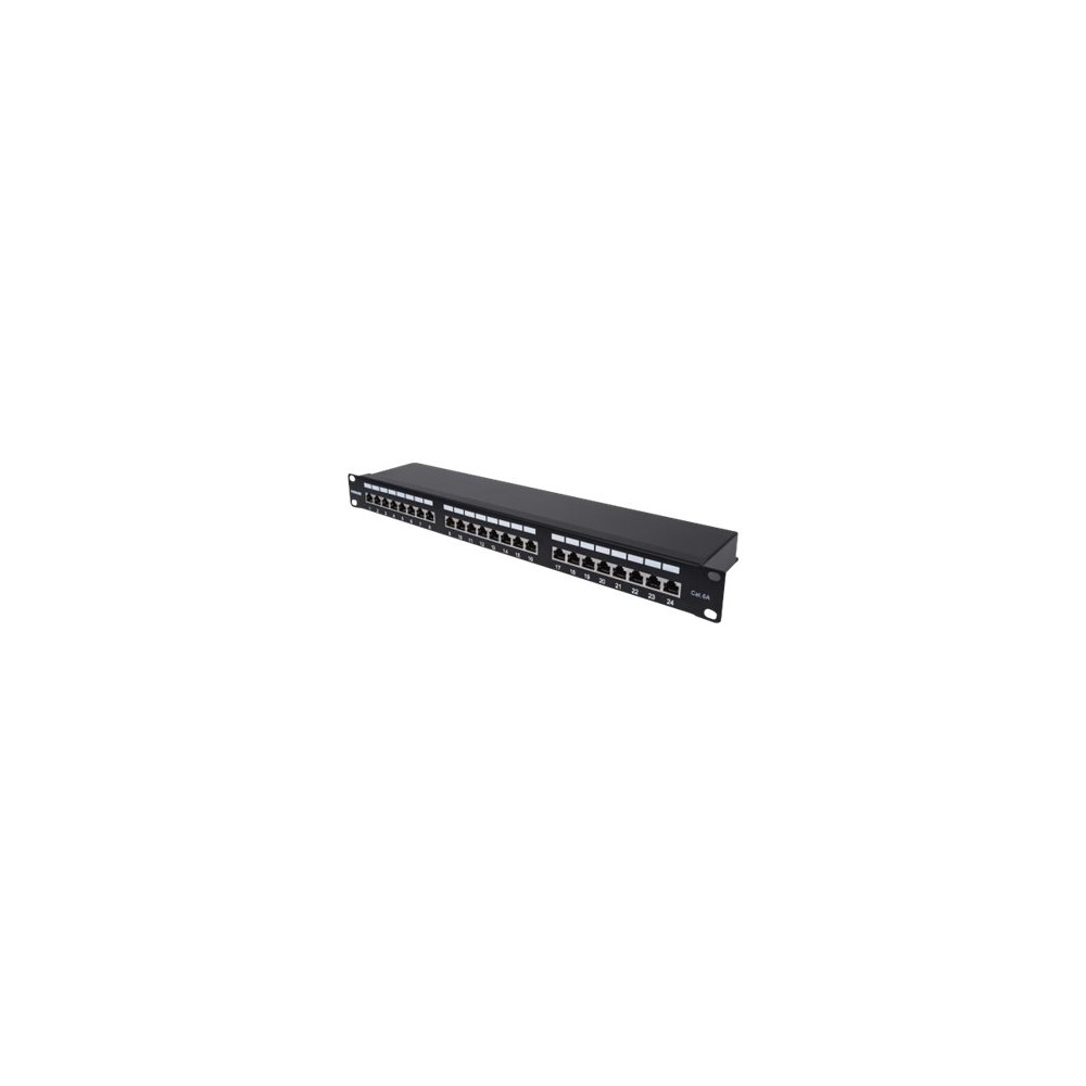 Produktbild för Intellinet Patch Panel, Cat6a, FTP, 24-Port, 1U, Shielded, 90° Top-Entry Punch Down Blocks, Black - patch-panel - 1U - 19"