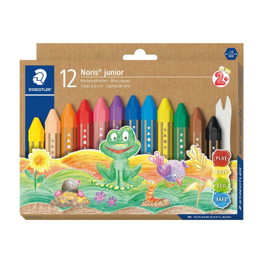 Produktbild för STAEDTLER Noris junior 224 - färgkrita - svart, röd, blå, grön, ljusblå, gul, orange, magenta, persika, gulgrön, mörklila, van dyke-brun (paket om 12)