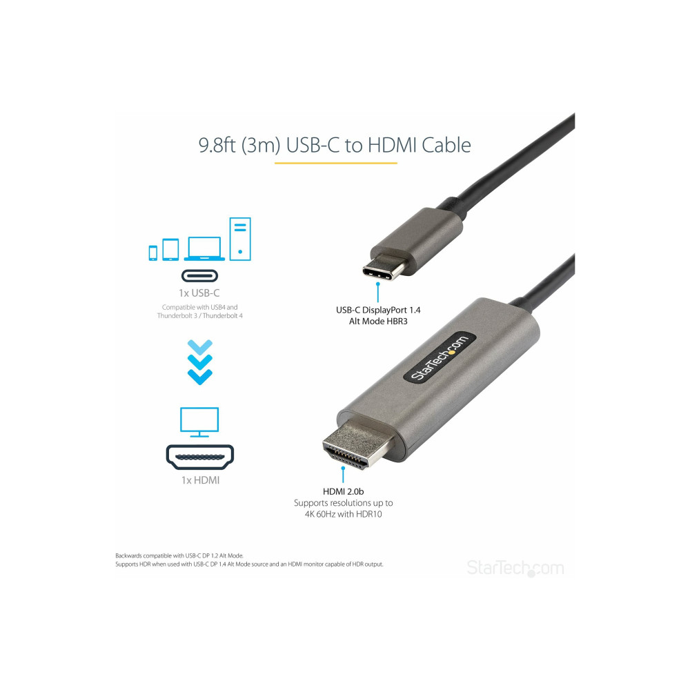 Produktbild för StarTech.com USB C till HDMI-kabel 4K 60 Hz på 3 m med HDR10 - Ultra HD USB Type-C till 4K HDMI 2.0b-videokabeladapter - USB-C till HDMI HDR-skärm/skärmsadapter - DP 1.4 Alt Mode HBR3 - adapterkabel - HDMI / USB - 3 m