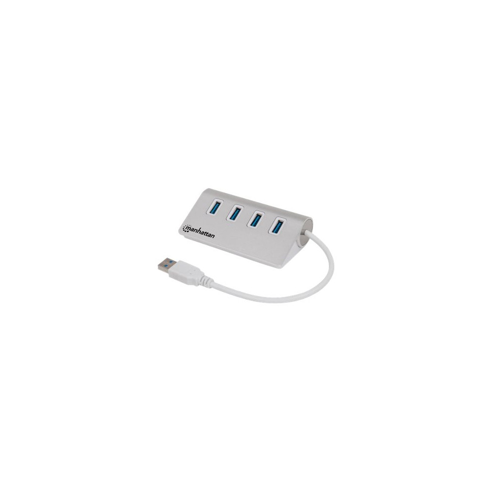 Produktbild för Manhattan USB-A 4-Port Hub, 4x USB-A Ports, 5 Gbps (USB 3.2 Gen1 aka USB 3.0), Bus Powered, Fast charging up to 0.9A, SuperSpeed USB, Aluminium Housing, Windows and Mac, Silver, Three Year Warranty, Blister - hubb - 4 portar