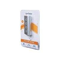 Produktbild för Manhattan USB-A 4-Port Hub, 4x USB-A Ports, 5 Gbps (USB 3.2 Gen1 aka USB 3.0), Bus Powered, Fast charging up to 0.9A, SuperSpeed USB, Aluminium Housing, Windows and Mac, Silver, Three Year Warranty, Blister - hubb - 4 portar