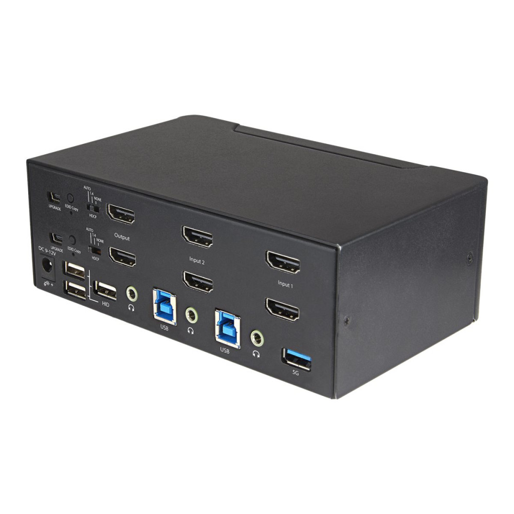 Produktbild för StarTech.com 2-ports HDMI KVM-switch för dubbla skärmar - 4K 60 Hz Ultra HD HDR - Desktop 4K HDMI 2.0 KVM-switch med 2 portar USB 3.0-hubb (5 Gbit/s) och 4x USB 2.0 HID, ljud - Snabbtangenter för omkoppling - TAA - omkopplare för tangentbord/video/mus/lju