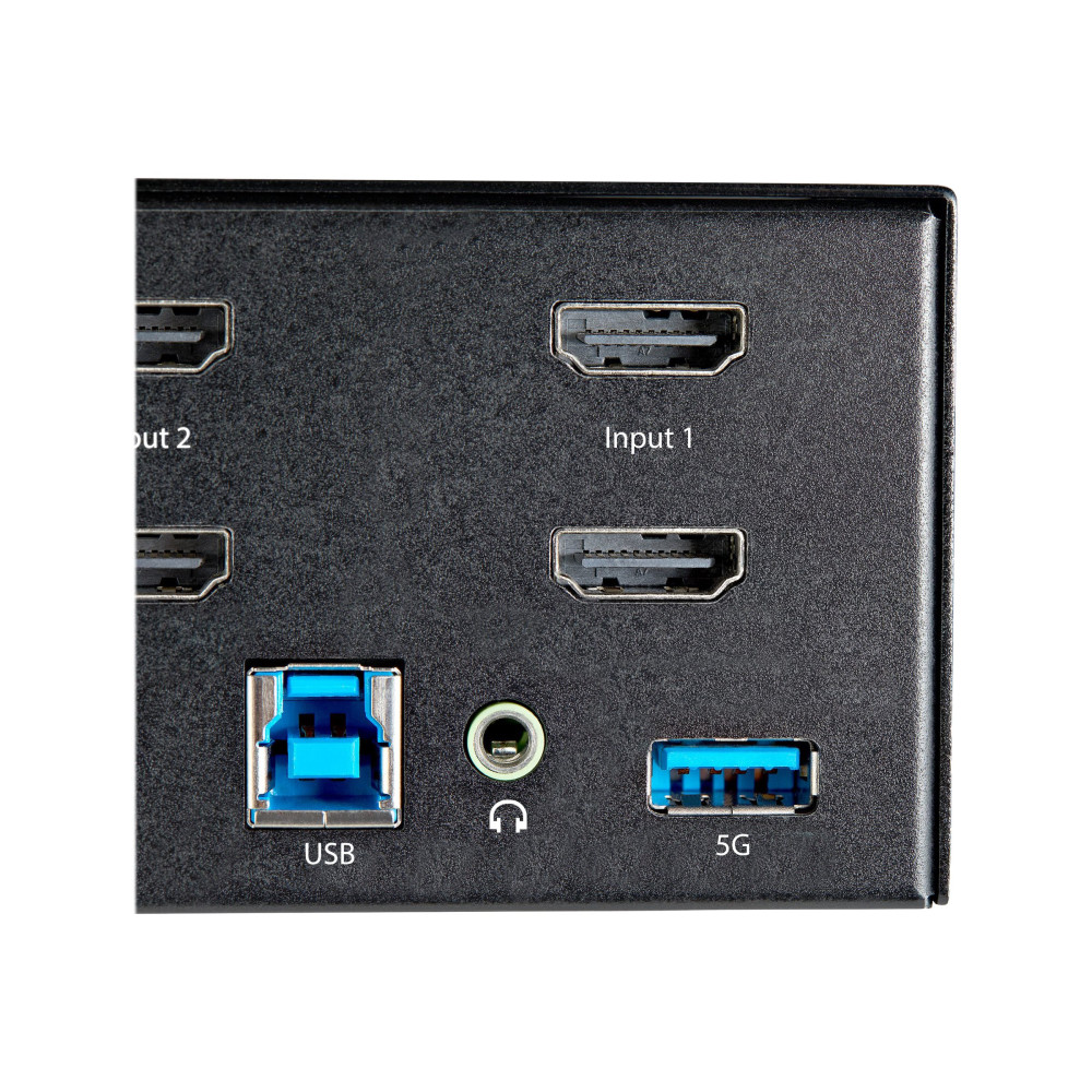 Produktbild för StarTech.com 2-ports HDMI KVM-switch för dubbla skärmar - 4K 60 Hz Ultra HD HDR - Desktop 4K HDMI 2.0 KVM-switch med 2 portar USB 3.0-hubb (5 Gbit/s) och 4x USB 2.0 HID, ljud - Snabbtangenter för omkoppling - TAA - omkopplare för tangentbord/video/mus/lju